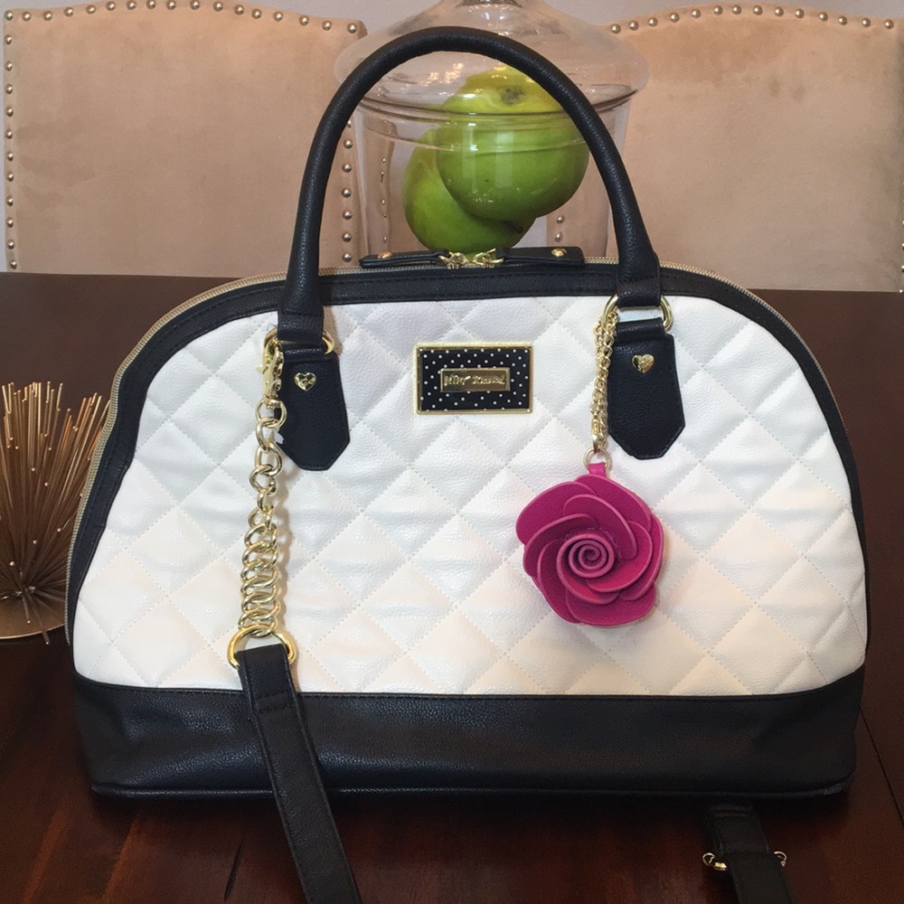 Betsey Johnson White and Black Quilted Satchel with Pink Rose Charm
